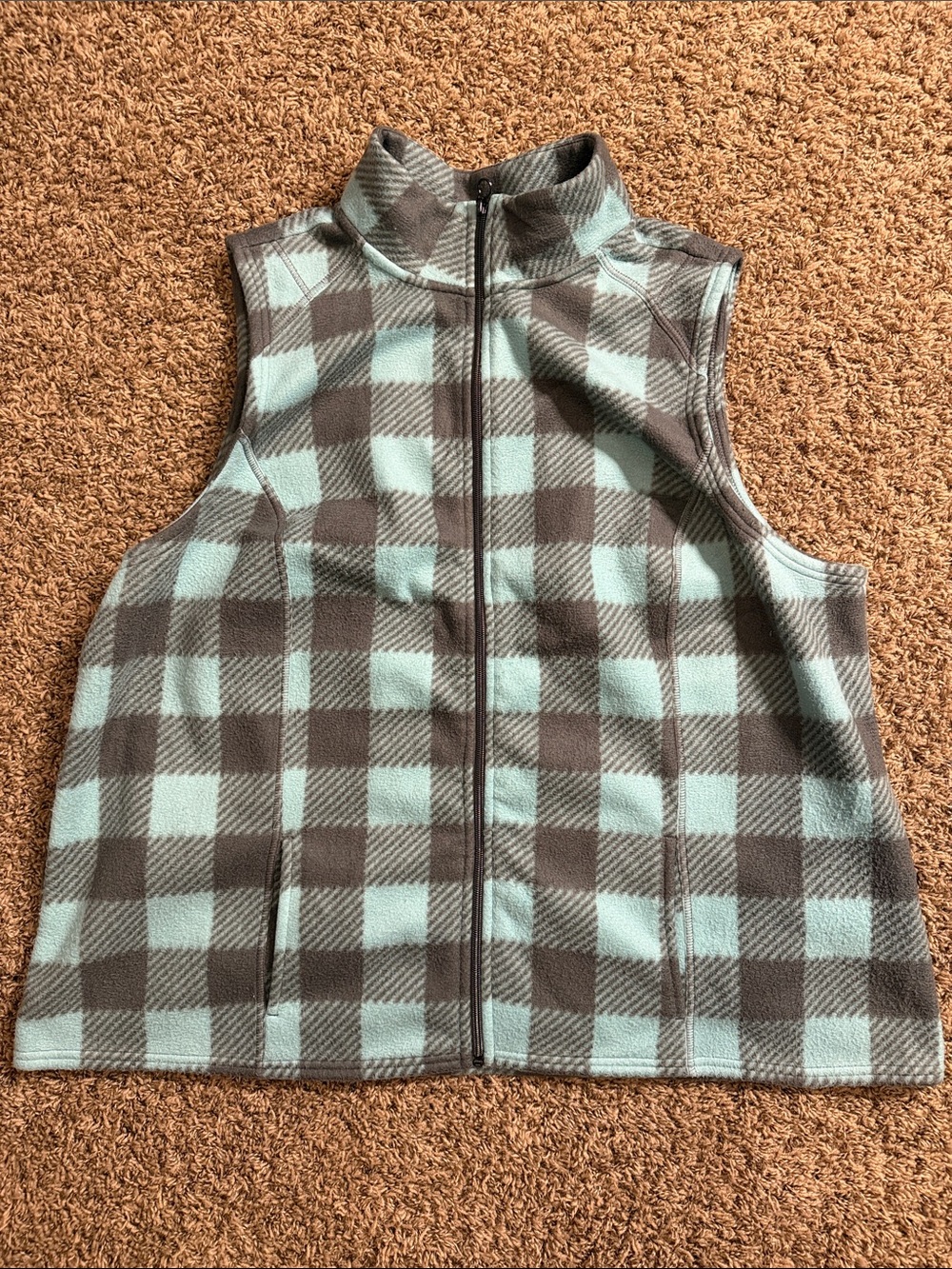 CJ Banks Mint & Brown Plaid Fleece Zip-Up Vest